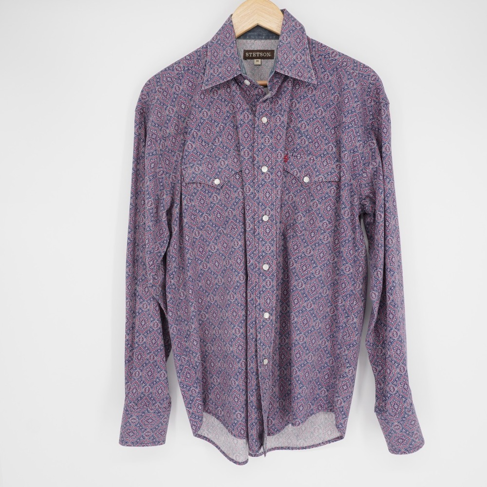 Stetson Pearl Snap Shirt Mens AOP Paisley Long Sleeve Western Cotton Red Blue